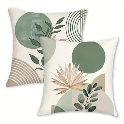 TEMU 2pcs Boho Abstract Eucalyptus Leaf & Geometric Throw Pillow Covers 18x18 Inch, Soft Plush Rustic Farmhouse Decor With Zipper Closure For Couch Sofa Living Room Outdoor, No Inserts Included Image