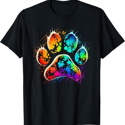 TEMU Men's Casual Cotton T-shirt With Vibrant Colorful Dog Paw – Short Sleeve, Round Neck, Perfect Gift For Dog Lovers, Casual Attire, Dog Shirt Image