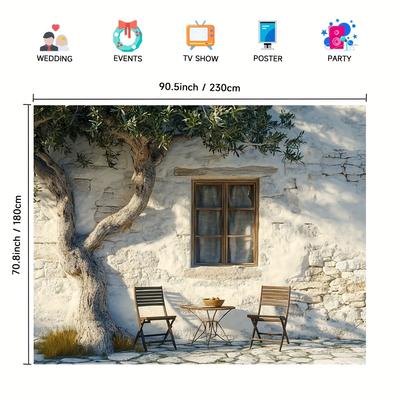 TEMU 1pc Mediterranean Cottage Landscape Polyester Banner - With Coastal Scene, Ideal For Home Decor, Photography Backdrop, And Sofa Or Chair Accent, Coastal Home Decor Image