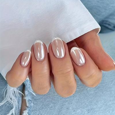 TEMU 24pcs Chrome Press On Nails Short Oval Glossy Acrylic Fake Nails - White & Nude French Tip Design, Full Cover Stick-on Artificial Nails For Women, Easy Application & Durable Wear, Cute Nails Image