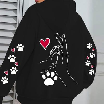 TEMU Cozy Cat Paw & Heart Print Hoodie - Gray Zip-up Casual Sweatshirt With Drawstring, Soft Polyester Fabric, Machine Washable - Fall/winter, Cozy Clothing | Graphic Hoodie | Glossy Fabric Image