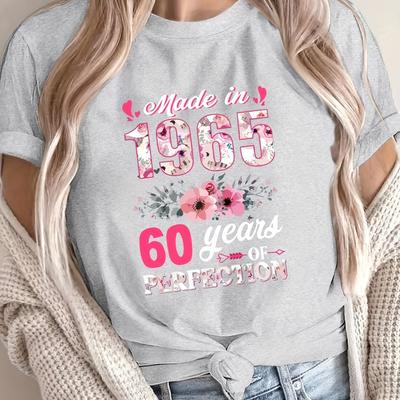 TEMU Women's Vintage 1965 Floral Print T-shirt - 60 Years Of Perfection Design, Short Sleeve Crew Neck Casual Top, Vibrant Red, Machine Washable, Ladies T Shirts Image