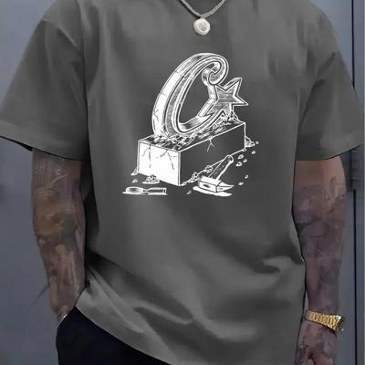 TEMU Men's Casual Crew Neck T-shirt With , 100% Polyester Knit Fabric, Stretch, Regular Fit, 180gsm, Machine Washable - Plus Size Image