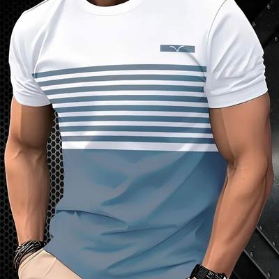 TEMU Men's Casual Striped Short Sleeve T-shirt With Seagull Print – White & , Round Neck, Lightweight Summer Top For Casual Attire, Casual Summer Top | Striped Casual Shirt | Machine Washable Image