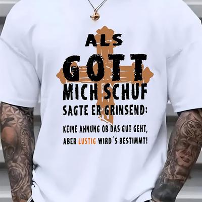 TEMU Mens 100% Cotton Casual T-shirt With Als Gott Print, Crew Neck, Short Sleeve, Regular Fit - White Image