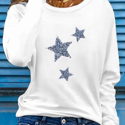TEMU Women's Red Long-sleeve T-shirt With Sparkling , Stretchy Polyester Blend, Round Neck Casual Top For , Machine Washable, Vacation Or Casual Attire Image