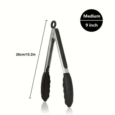 TEMU Stainless Steel Kitchen Tongs With Silicone Tips - Heat Resistant, Non-slip Grip, Locking Mechanism For Firm Hold, Sizes 17.78cm, 22.86cm, 30.48cm, Blac Image