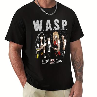 TEMU W. A. S. P. 1984 Winged Tour - Men's Cotton T-shirt, Casual Crew Neck With Geometric Print, Machine Washable Image