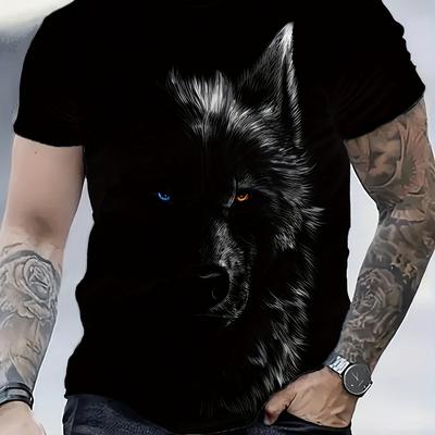 TEMU Men' Wolf Print T-shirt - Soft Black Crew Neck Tee With & Orange Wolf Design, Short Sleeves, For Adult Men Image