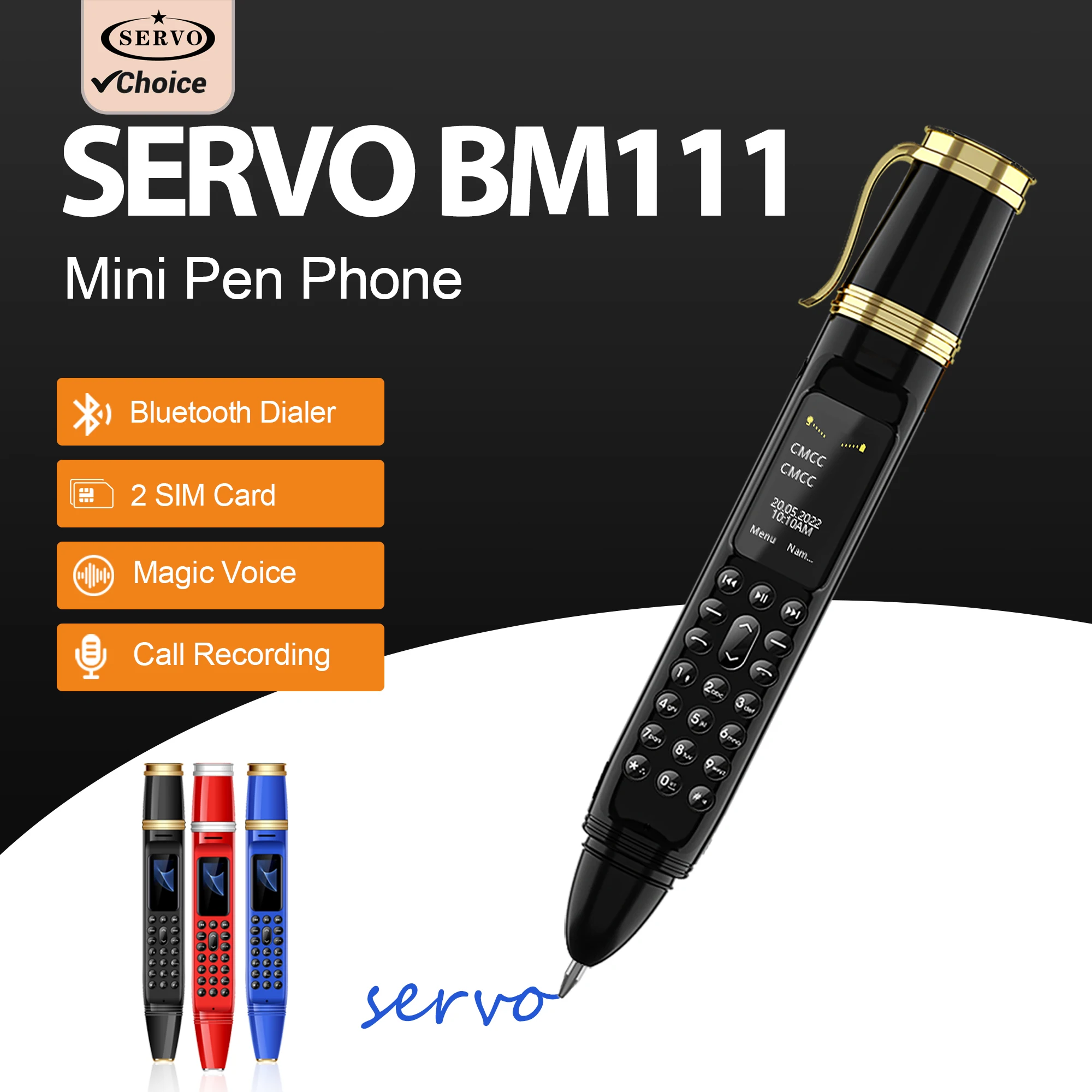 SERVO BM111 Pen Style Mini Mobile Phone Fan 2 SIM Card Magic Voice FM Radio Bluetooth Dial 2G GSM Pen Fan Portable Phone Alarm
