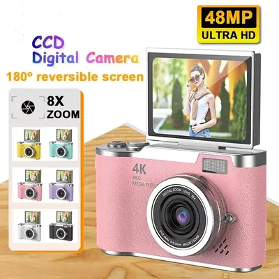 4K CCD 8X Digital Zoom Digital Camera for Student 48MP Compact Digital Photography Camera 180°Flip Screen Selfile Camera