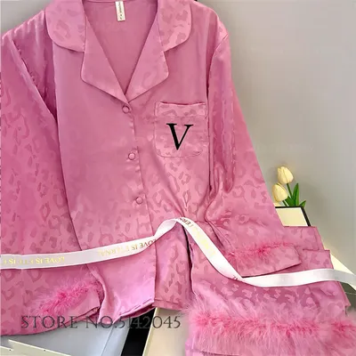 Female 2PCS Pajamas Set Sleepwear Long Sleeve Trouser Pijamas Suit with Feather Sexy Leopard Pyjama Loungewear Ice Silk Homewear