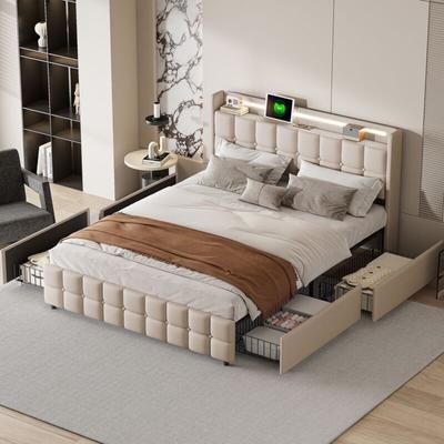 Polsterbett 140x200 cm mit USB-Aufladung und LED-Beleuchtung, mit 4 Schubladen, viel Stauraum, Image