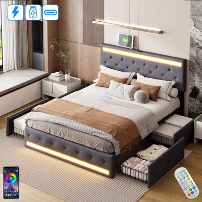 Bett 160x190 cm, 2 Plätze, mit 4 Schubladen, led, USB-A/C-Anschluss, Knopfkopfteile, Image