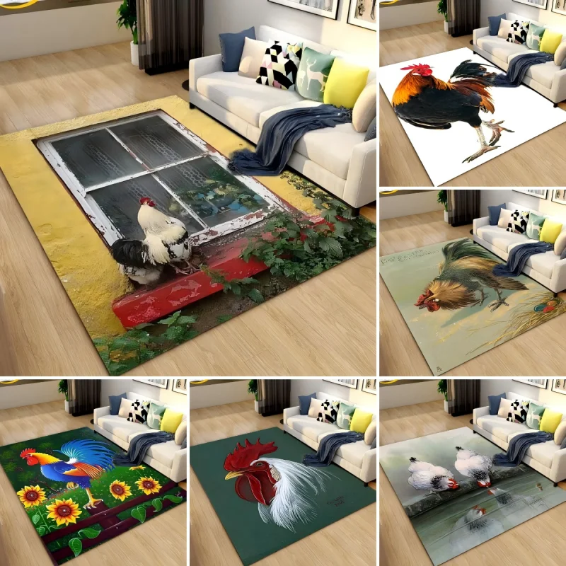3D-Hahn- und Hühnerhuhn-Teppich, Schlafzimmer, vollständiger Bezug, Wohnzimmerteppich, schmutzabweisend, leicht zu pflegen, weiche Küchendekor-Matte Image