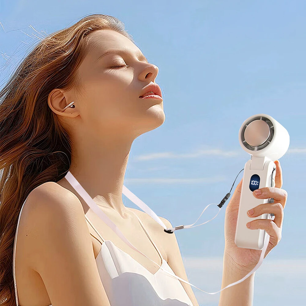Handheld-Mini-Ventilator, tragbar, zum Aufhängen am Hals, Digitalanzeige, Turbo, zusammenklappbar, für den Außenbereich, tragbarer Eisbeutel, Hochgeschwindigkeits-Lüfter Image
