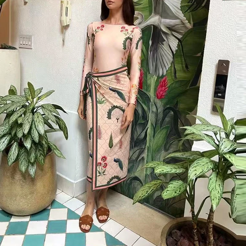 Sommer Neue Strand Urlaub 2-teilige Casual Muster Gedruckt Badeanzüge Anzüge Mode Schlank Langarm Body + Halbe Röcke Outfits Image