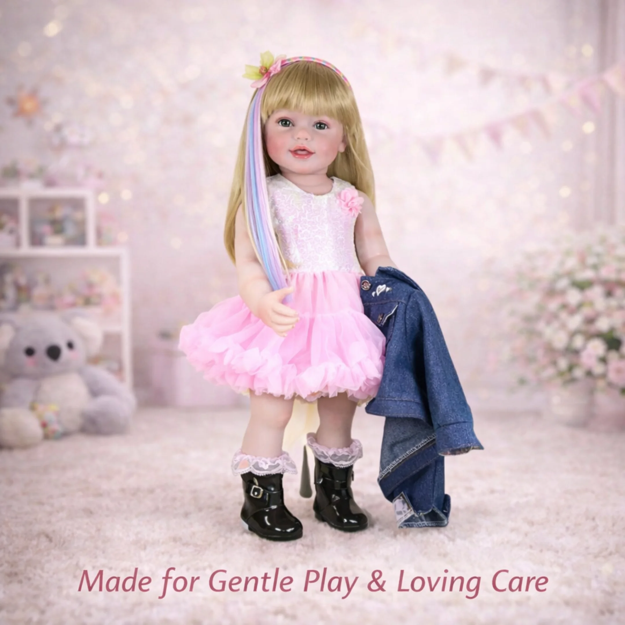 Rainbow Dreams Reborn Kleinkindpuppe – 22 Zoll große, lebensechte blonde Perücke mit Regenbogen-Highlights, heller Hautton, Jeansjacke und rosa Tutu