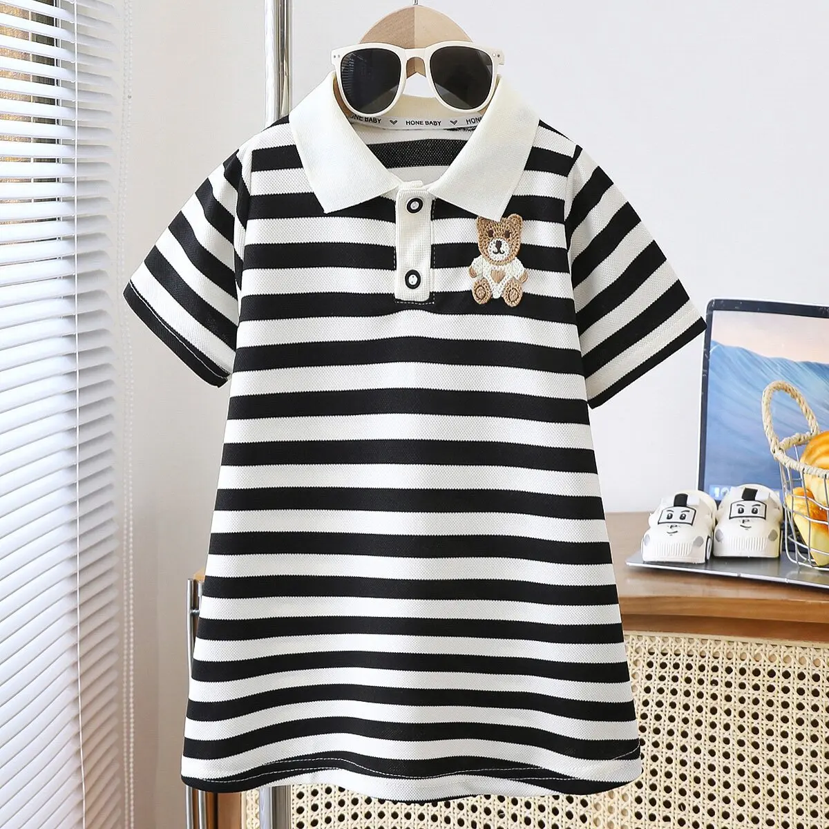 Sommer Baby Mädchen Kurzarm Bär Print Kleid Kinder Kleidung Schwarz Und Weiß Gestreiften Polo Kleid Kleinkind Casual Nette Kleid Image
