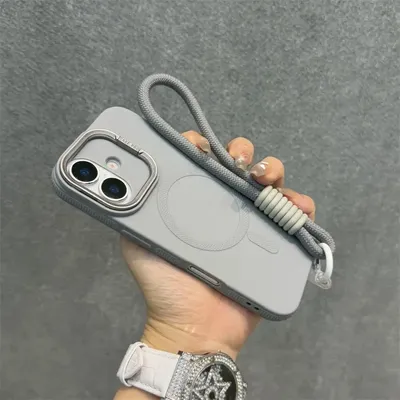 Diamond Patterned Flip Lens Bracket Magnetic Case For iPhone 16pro 11 12 13 14 15 16 Pro Max Plus Wristband Lanyard Soft Cover