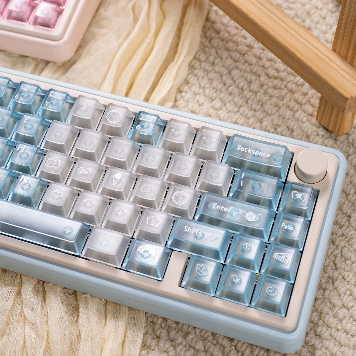 URE 136 Tasten, Farbverlauf, blau, kristallklar, Tastenkappen im Cherry-Profil, transparente Tastenkappen, niedliche Katzen-Tastenkappen für mechanische MX-Tastatur Image