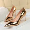 Mode Metall Frauen Patent Leder Flacher Mund Dünne High Heel Schuhe Elegante Komfort Spitz Gold