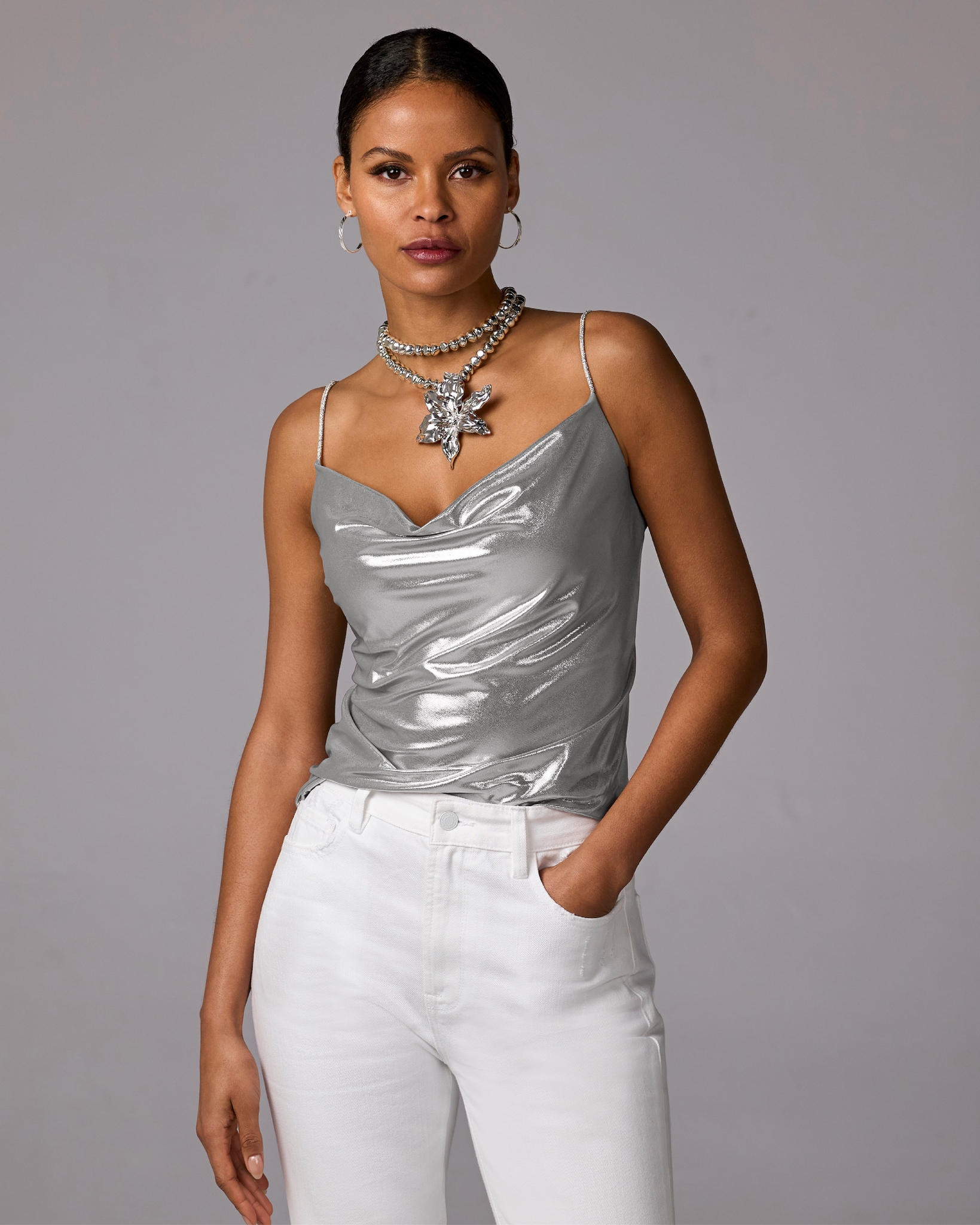 Boston Proper - Silver - Metallic Cowl Neck Cami Top - Medium