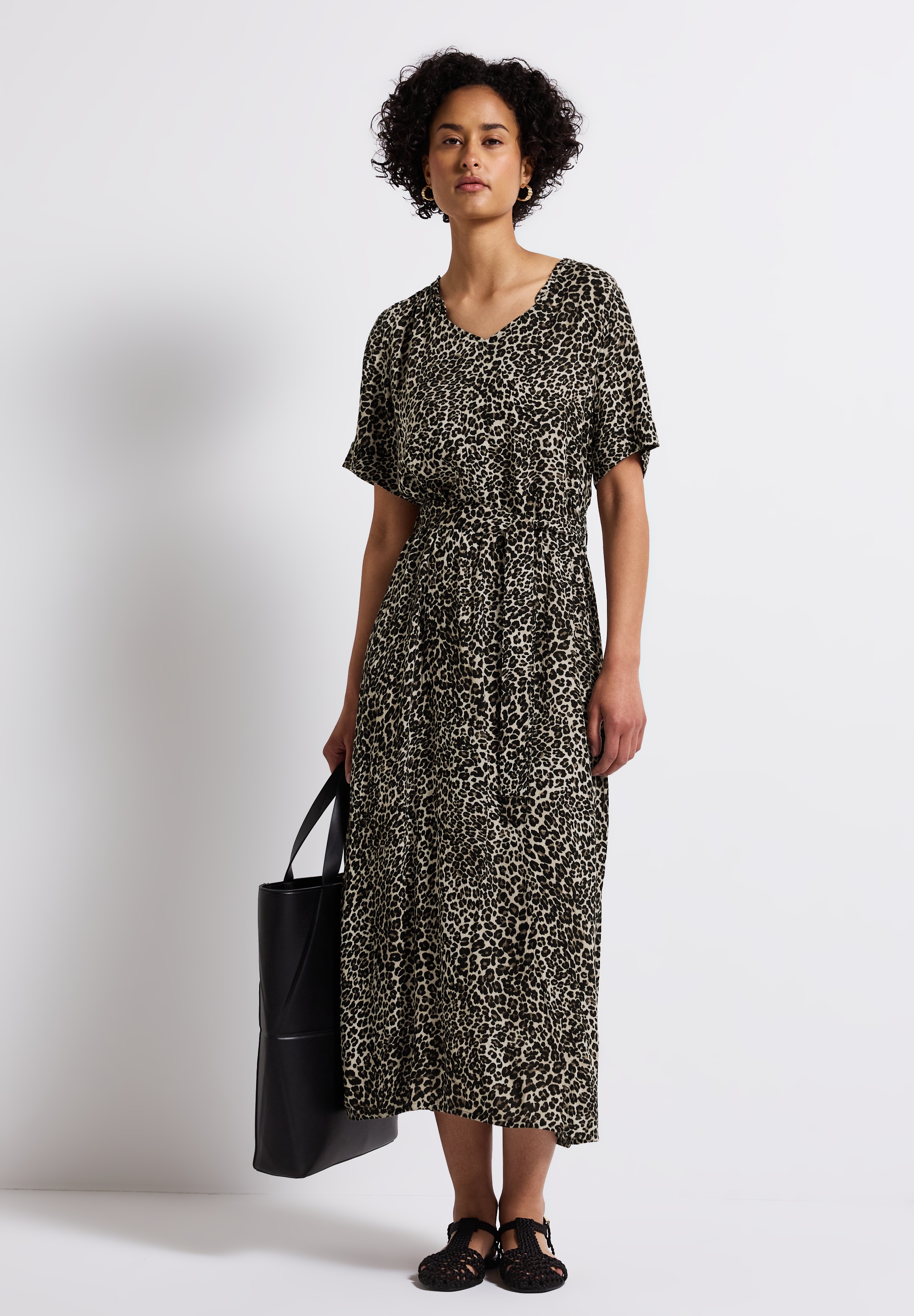 Maxikleid STREET ONE, Damen, Gr. 36, EURO-Größen, schwarz, Stoff, 100% Viskose, animal-print, normal knöchelfrei, V-Ausschnitt, abgesteppt, Kleider Maxikleid, aus Viskose