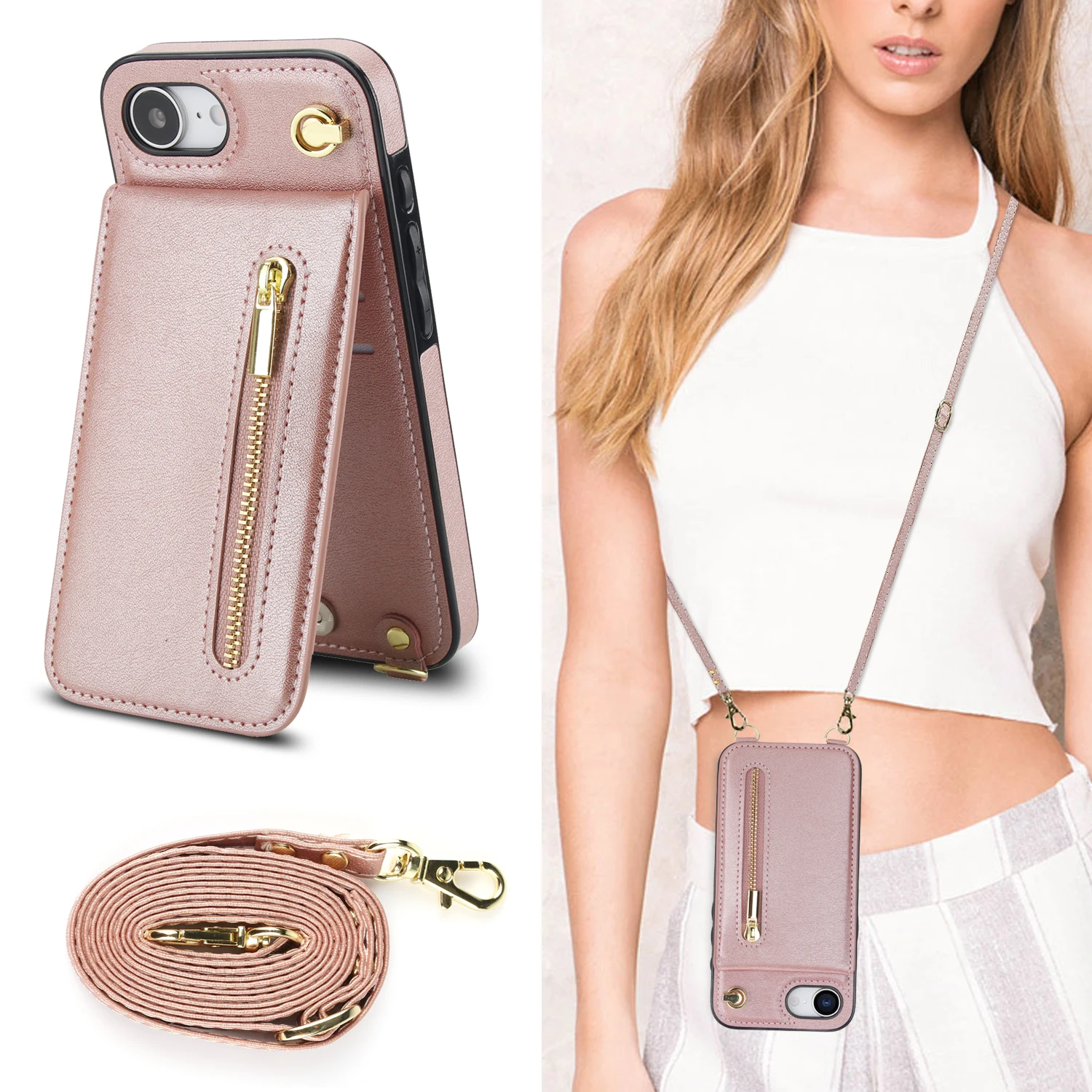 Étui portefeuille à glissière à bandoulière pour iPhone, porte-cartes en poly XS, sangle de lanière, housse de support, iPhone 16 Pro Max, iPhone 16E, iPhone 15, iPhone 14 Plus, iPhone 13, iPhone 12,