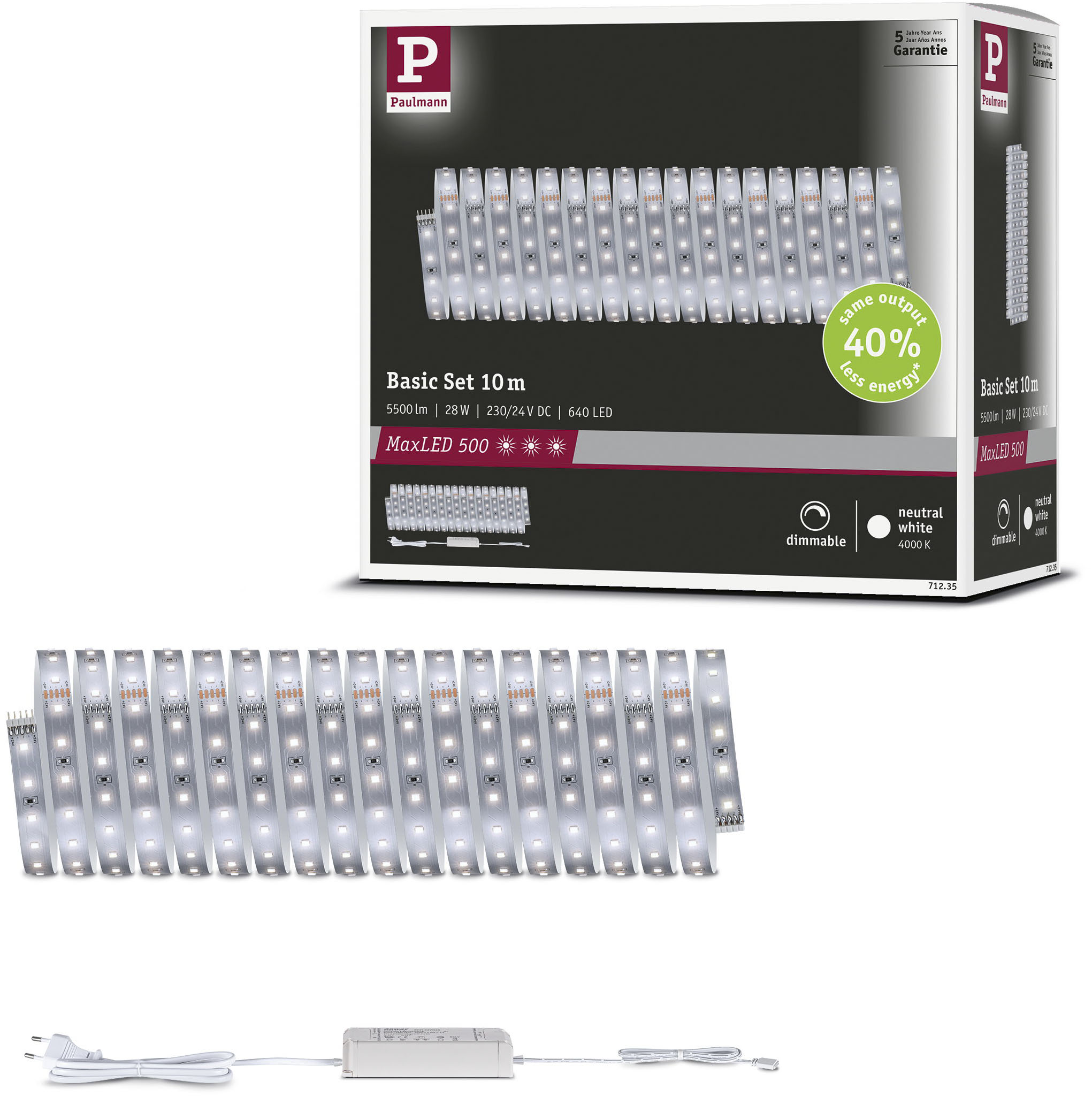 PAULMANN LED-Streifen "MaxLED 500 LED Strip Neutralweiß Basisset", silber (silberfarben), Dioden 640 Stk., Gesamtlänge 10m, Lichterketten Image