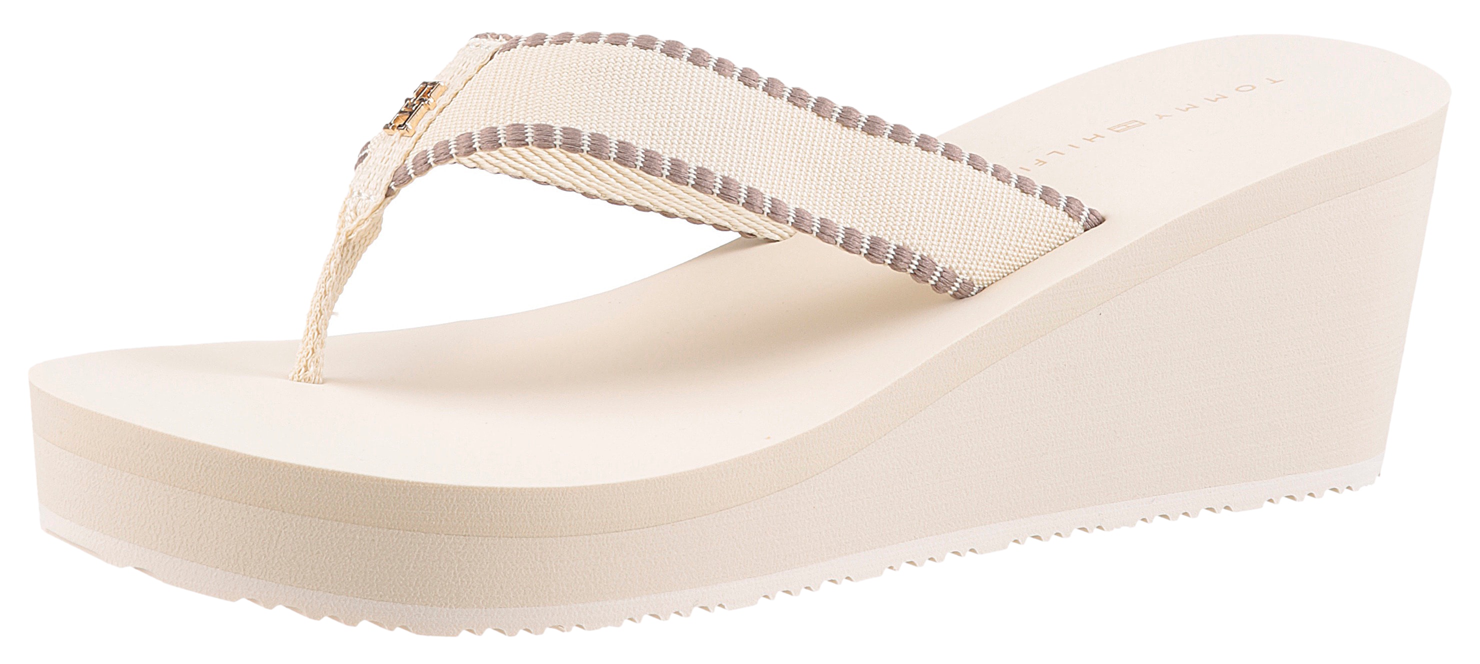 Dianette TOMMY HILFIGER "WEDGE BEACH SANDAL", Damen, Gr. 42, beige, Textil, Schuhe Dianette, Keilabsatz, Zehentrenner, Sommerschuh mit Logoschriftzug