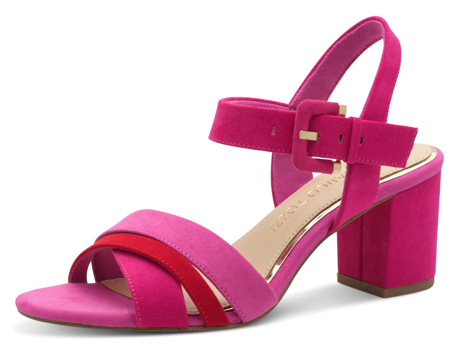 Sandalette MARCO TOZZI, Damen, Gr. 37, pink (pink kombiniert), Textil, Veloursleder, Schuhe Sandalette, Blockabsatz, Sommerschuh, Sandale mit verstellbarem Fesselriemchen Image