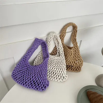 Minimalist Woven Shoulder Bag Breathable Polyester Open-Top Lightweight Spacious Handbag for Women Summer Travel Beach Vacations