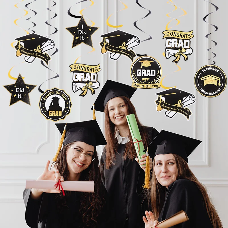 2025, Abschlussfeier, Papierbanner, Girlande, hängende Spiralen, Gold, Schwarz, Latex, Ballon, Klasse von 2025, Wabenornament, Dekoration Image