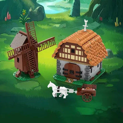 MOC Mühle Dorf Raid Gebäude Block Modell Mittelalterlichen Dorf Haus Windmühle Ziegel Montage Image