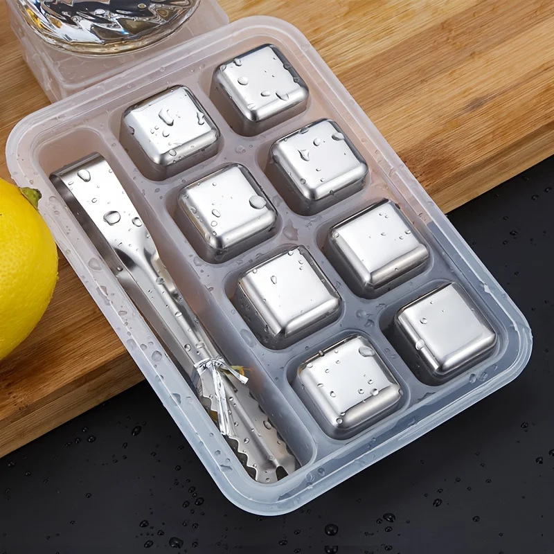 Whiskey-Kühlsteine, wiederverwendbarer Eiswürfel aus Edelstahl zum Trinken von Eis, Bier, Soda-Stein, schnelle Einfrierbox, Verpackung mit Clip Image