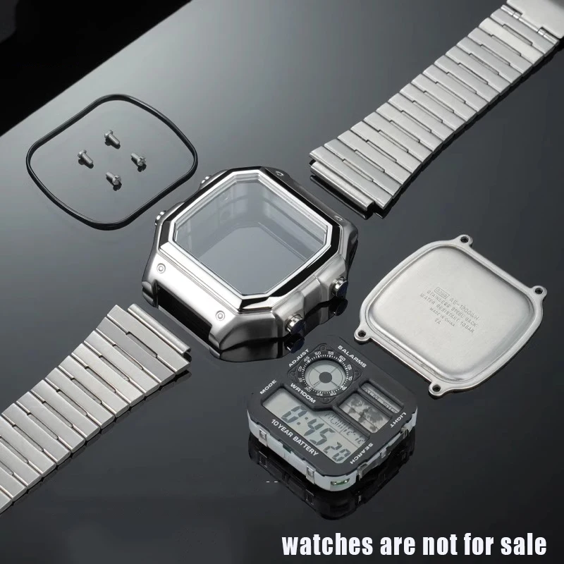 Modifiziertes AE1200/1300-Gehäuse für Casio 3299 AE1-1200WH Uhrengehäuse, Edelstahl-Uhrengehäuse, Metallgehäuse mit wasserdichtem Ring, Schwarz Image