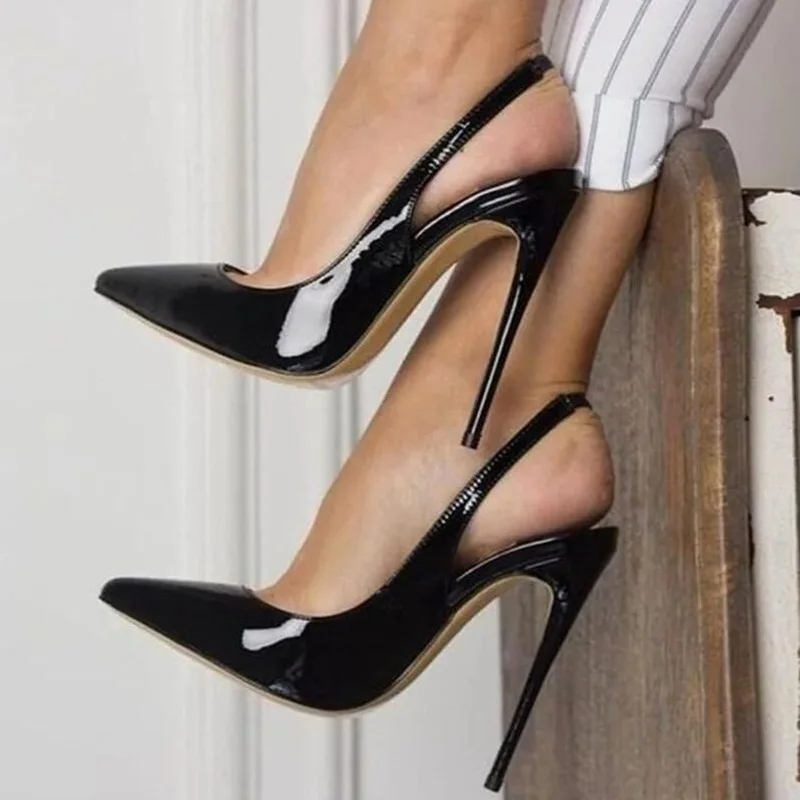 Sexy Schwarz Patent Leder Spitze Zehen Slingback Pumps 12CM Stiletto High Heels Elastische Band Frau Partei Schuhe Ausschnitte Heels