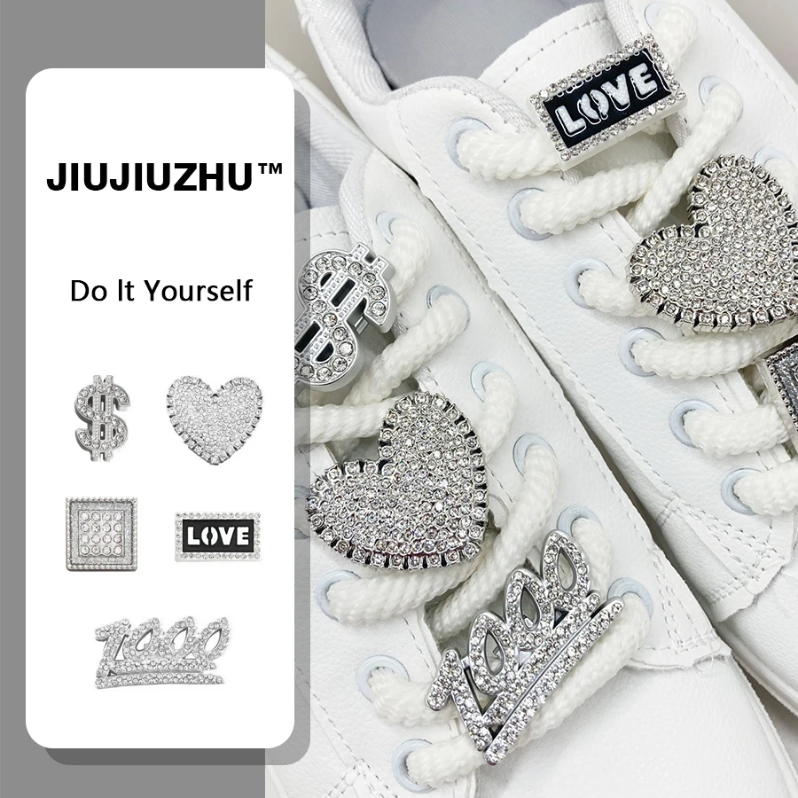 6/8 Stück glitzernde silbrige funkelnde Herz-Dekorationsanhänger, geeignet für Schnürsenkel aus Segeltuchstiefeln, Skate-Turnschuhen Image