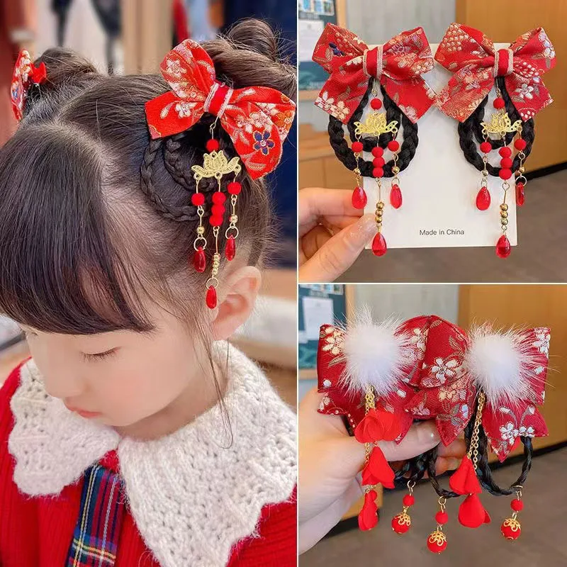 2 PCS Girls Chinese Style Hanfu Headdress Bow Hair Clip Wig Braid Hairpin Side Clip Hair Accessories For Children's Gift