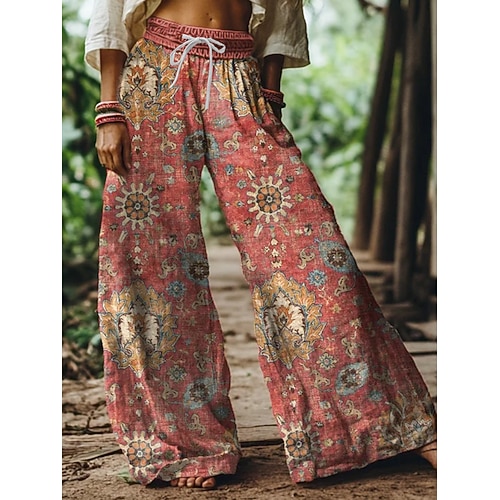 Damen Boho Weite Beinform Chinos Baggy-Hosen Urlaub Vintage Ethno-Stil Volllänge Hohe Taille Floral Grafik Druck Thermo Warm Weich Atmungsaktiv Mikro-elastisch Urlaub Straße Lässig Weinfarbe Image