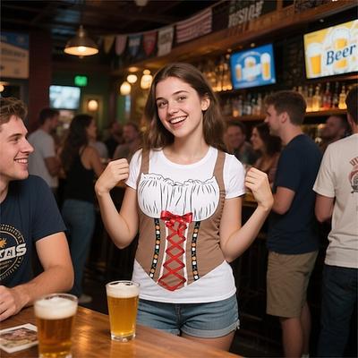 Oktoberfest Dirndl-Print T-Shirt Bayerisch München Deutsch Grafik Für Damen Erwachsene Oktoberfestbier Heißprägen Festival Image