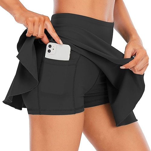 Damen Einfarbig Lässiger Rock Tennisröcke mit Shorts Seitentaschen Schnelltrocknend Tennis Golfspiel Pickleball Laufrock Schwarz Weiß Rot Tennisbekleidung Image
