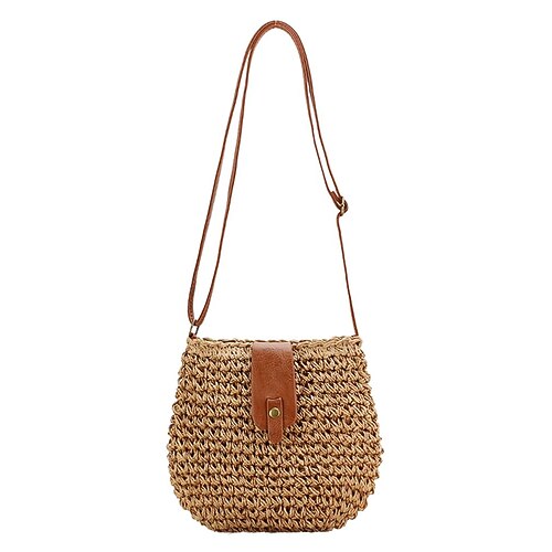 Damen-Umhängetasche aus gewebtem Stroh mit Lederriemen – schicke Handtasche im Boho-Stil für Sommer, Strand und Freizeitausflüge