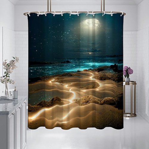 Duschvorhang mit Haken 180cm180cm Polyester waschbar wasserdicht Muster Badezimmer Badewannen Deko Küste Ozean Strand Image