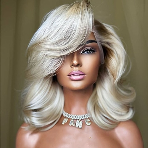 Ombre-Aschblond, Remy-Menschenhaar, 5 x 5 Verschlussperücken, kurzer Bob, 13 x 4 Spitzenfrontperücke, brasilianisches Haar, gewelltes Haar, natürlicher Haaransatz, 100 % jungfräuliche, klebefreie