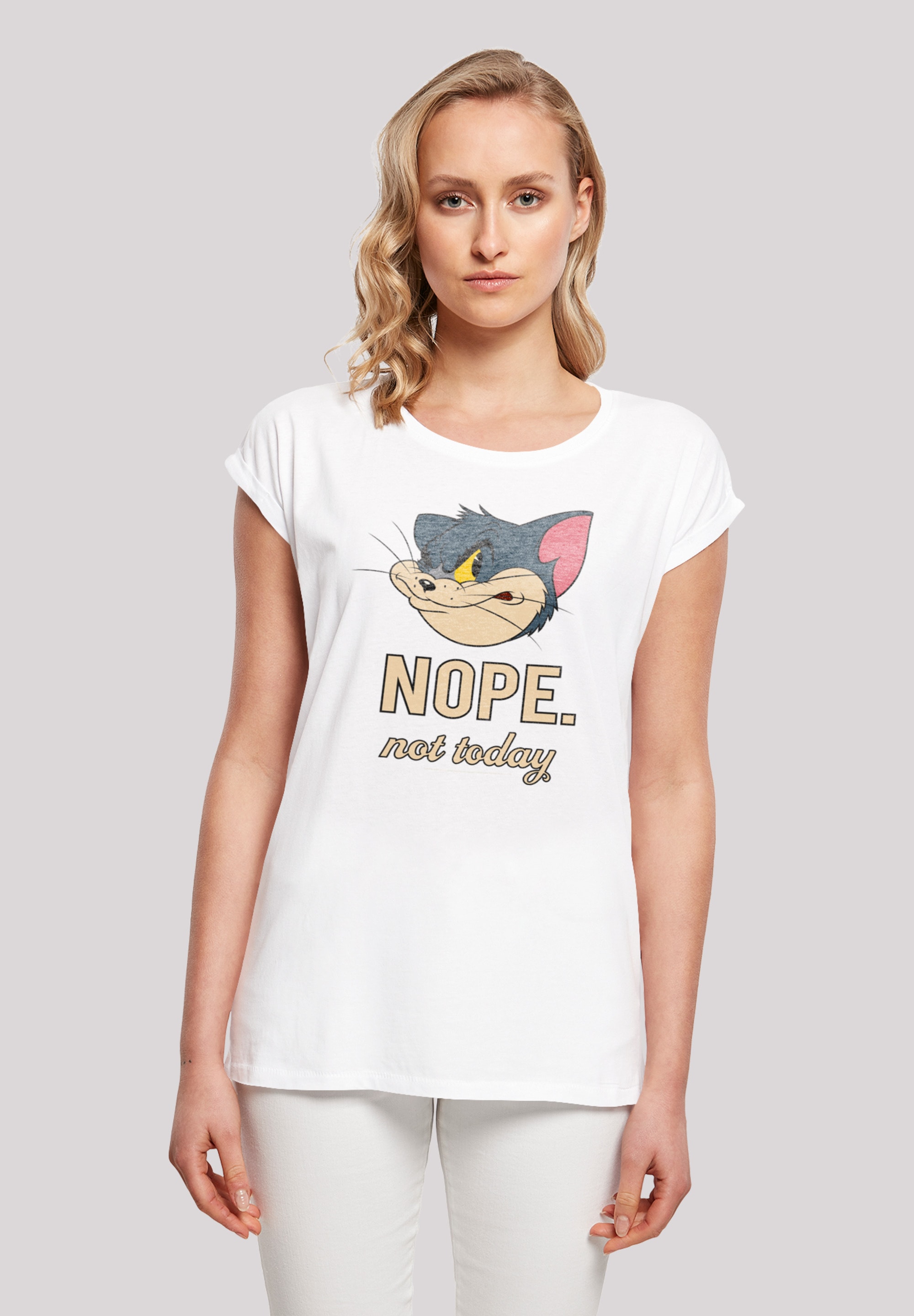 T-Shirt F4NT4STIC "Tom and Jerry TV Serie Nope Not Today", Damen, Gr. M, weiß, Obermaterial: 100% Baumwolle, regular fit, Rundhals, ohne Bündchen, Shirts T-Shirt, Damen,Premium Merch,Regular-Fit,Kurze Ärmel,Bedruckt