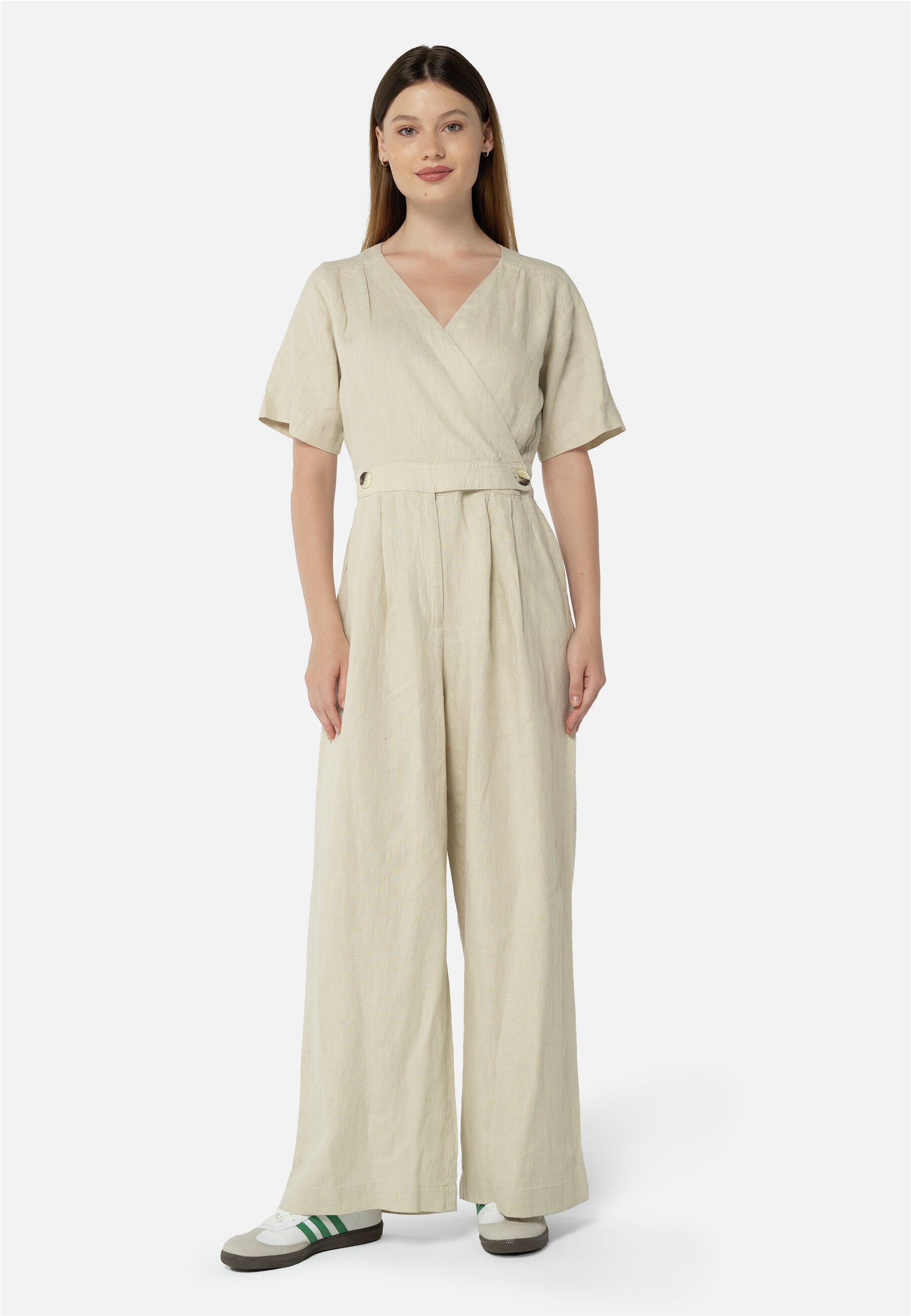 Jumpsuit FRESHLIONS "Kira", Damen, Gr. L, EURO-Größen, beige, 100% Leinen, lang, V-Ausschnitt, Overalls Jumpsuit, im klassischen Design