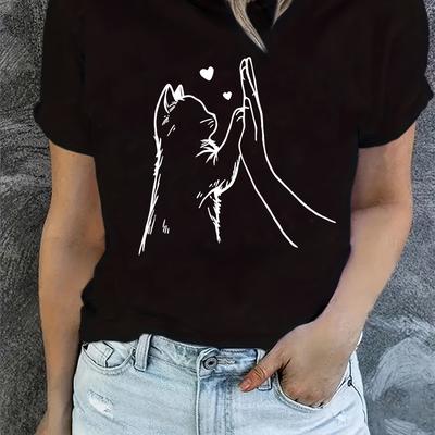 TEMU Women's Cat Paw & Heart Graphic T-shirt - Round Neck Short Sleeve Top For Spring Summer, Machine Washable Tee, Cat T Shirt, Everyday , Medium Elasticity Image
