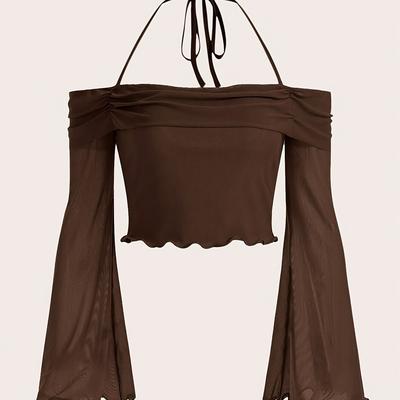 TEMU Women's Fashion Semi-sheer Mesh Casual Top - Off-shoulder, Long Sleeve, Solid Color, Strapless Design, Versatile For All Image